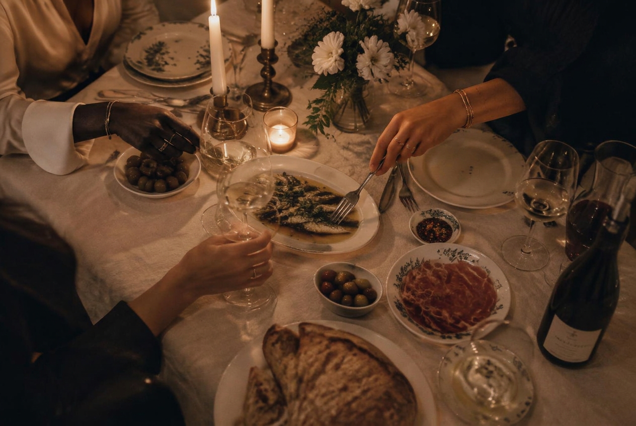 Women sharing plates at a candlelit dinner table